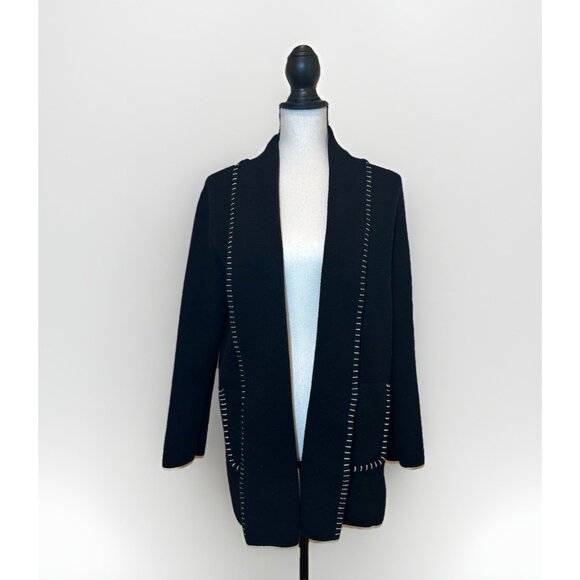 Magaschoni Sweaters - Magaschoni Sweater Women’s Large Black Cardigan White Stitch Trim Front Pockets